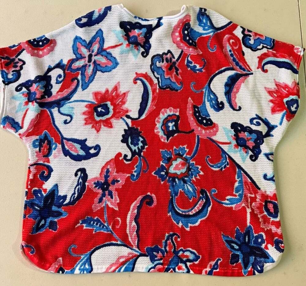 Chico's Women's XL Red/White/Blue Floral Knit 100% Cotton Cap Sleeve Top